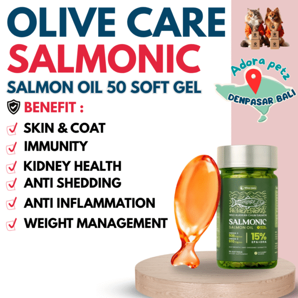 Salmonic Olive Care isi 50 Softgel Kucing – Imun Kuat, Bulu Lebat, Rasa Enak untuk All Stages