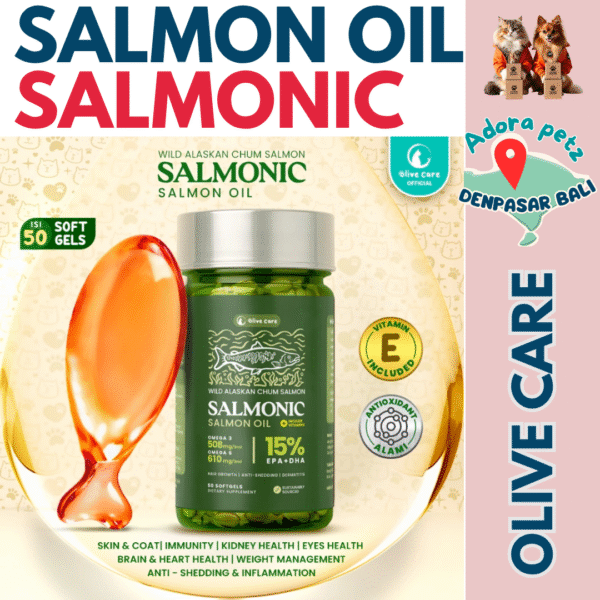 Salmonic Olive Care isi 50 Softgel Kucing – Imun Kuat, Bulu Lebat, Rasa Enak untuk All Stages - Image 2