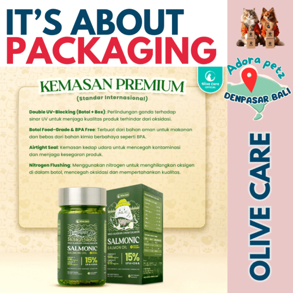 Salmonic Olive Care isi 50 Softgel Kucing – Imun Kuat, Bulu Lebat, Rasa Enak untuk All Stages - Image 9